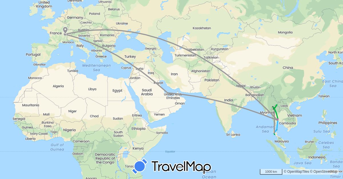 TravelMap itinerary: driving, bus, plane, train, boat, motorbike in Switzerland, France, Laos, Qatar, Thailand (Asia, Europe)